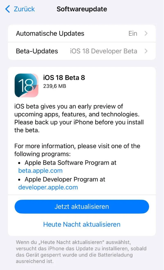 江宁苹果手机维修分享苹果 iOS / iPadOS 18 开发者预览版 Beta 8 发布 